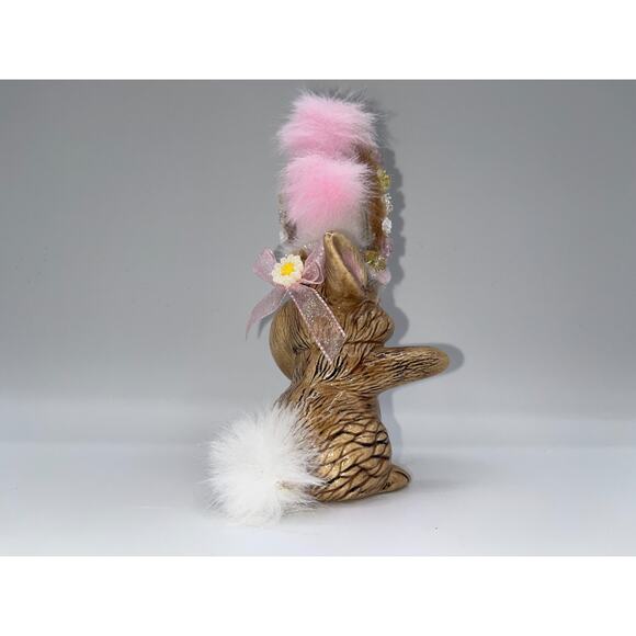 Vintage Ceramic Dancing Easter Bunny With Poof Faux Fur Flower Hat Deb O. OOAK - Picture 9 of 16